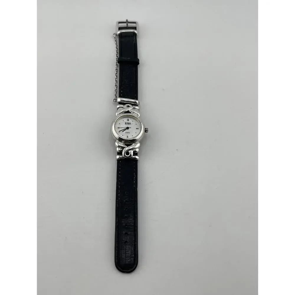 Boma Women's Leather Strap Silver Case Quartz Watch Classic Elegant Timepiece‎